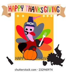 Happy Thanksgiving funny illustration. Cute cartoon of turkey bird in pilgrim hat on a retro movie poster. Black turkey silhouette running away. Eps 10. As postcard, design element, for print.