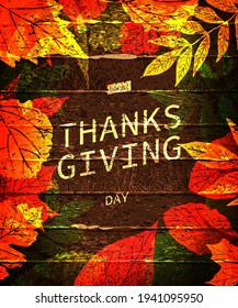 Happy Thanksgiving gift tag with frame of colorful leaves and pumpkins over a rustic wood background. Vector illustration