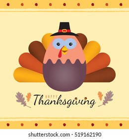 Happy Thanksgiving or Give thanks. Cute cartoon hand drawn thanksgiving turkey with oak leaf and acorn. Thanksgiving day vector illustration. 