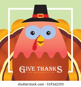 Happy Thanksgiving or Give thanks. Cute cartoon thanksgiving turkey with white frame. Thanksgiving day vector illustration.