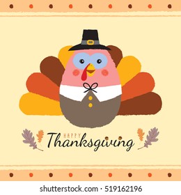 Happy Thanksgiving or Give thanks. Cute cartoon hand drawn thanksgiving turkey with oak leaf and acorn. Thanksgiving day vector illustration. 