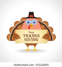 Happy Thanksgiving or give thanks illustration. Cute thanksgiving turkey holding paper isolated on white background. Vector cartoon turkey. Happy turkey day.