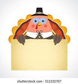 Happy Thanksgiving or give thanks illustration. Cute thanksgiving turkey holding paper isolated on white background. Vector cartoon turkey with message board or copy space