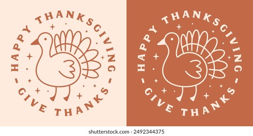 Happy thanksgiving give thanks shirt design round sticker button badge ornament. Cute turkey animal illustration fall season girly aesthetic printable greeting card decor poster print cut file.