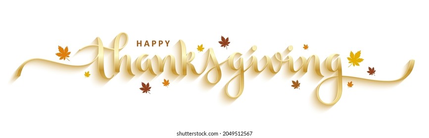 HAPPY THANKSGIVING gold vector brush calligraphy banner with swashes and maple leaves on white background