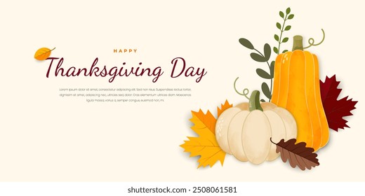 Happy thanksgiving greeting banner design template. Autumn background with pumpkin and dry fall leaves. Vector illustration