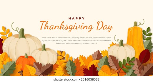 Happy thanksgiving greeting banner design template. Autumn background with pumpkin and dry fall leaves. Vector illustration