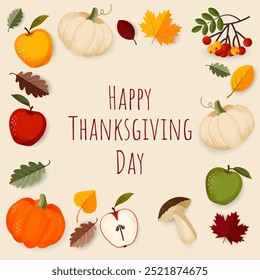 Happy thanksgiving greeting banner design template. Autumn background with pumpkin, apple, and fall leaves. Vector illustration
