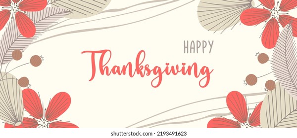 Happy Thanksgiving. Greeting card banner with doodle flowers and twigs.