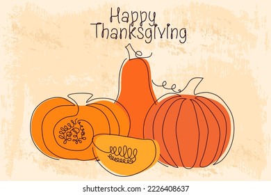 Happy Thanksgiving greeting card. Continuous single line style holiday postcard. Modern minimal linear pumpkins set. Autumn design element collection. Fall season scribble vector illustration