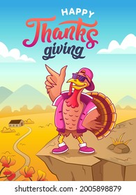 Happy thanksgiving. Greeting card. Cool cartoon turkey in sunglasses and cap dancing against the autumn background. Vector illustration for thanksgiving party poster