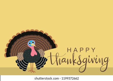Happy thanksgiving greeting card with cute turkey. Animal holidays cartoon vector.
