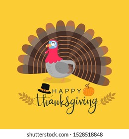 Happy thanksgiving greeting card with cute turkey. Animal holidays cartoon vector.