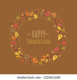 Happy Thanksgiving greeting card design with cute wreath of autumn leaves and acorns on brown background. - Vector illustration