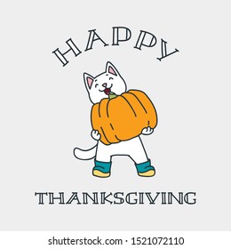 Happy Thanksgiving. Happy Thanksgiving greeting card design with cute cat carrying a big pumpkin in his paws. Vector illustration 8 EPS.