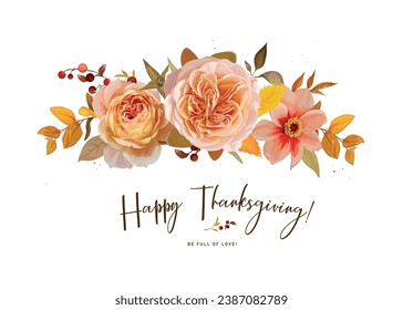 Happy Thanksgiving greeting card design. Editable watercolor vector floral bouquet. Fall, botanical peach rose flowers, dahlia, red berries and yellow eucalyptus leaves. Elegant, isolated illustration