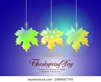 Happy Thanksgiving Greeting Card Design with Hanging Maple Leaves in Shiny Blue Background.