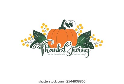 Diseño feliz de la tarjeta de felicitación de Acción de Gracias con la calabaza y las hojas, transmitiendo los deseos calientes de Festiva. Ideal Para Saludos De Temporada, Decoración Festiva Y Celebraciones De Acción De Gracias.