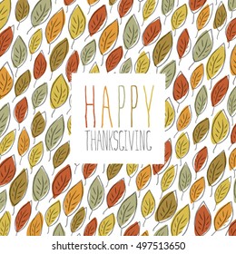 Happy Thanksgiving greeting card design. Logo and fallen leaves.  For autumn and thanksgiving greeting cards designs. Hand drawn quirky vector illustration