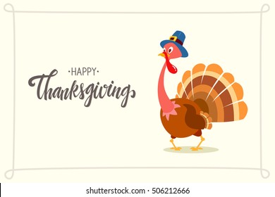 Happy Thanksgiving greeting card design with cartoon turkey flat vector Illustration