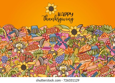 Happy Thanksgiving greeting card. Doodle background with typography. Vector illustration.