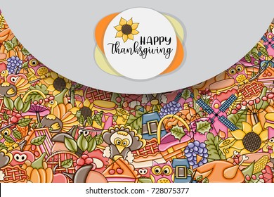 Happy Thanksgiving greeting card. Doodle background with typography. Vector illustration.