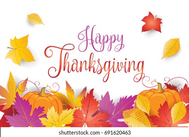 Happy Thanksgiving greeting card. Fall maple leaves, pumpkin, autumn red and yellow leaf frame on white paper background. Festive Autumn banner vector illustration.