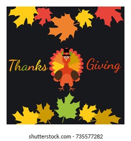 Happy Thanksgiving. Greeting card with funny cartoon turkey and autumnal background. Vector illustration