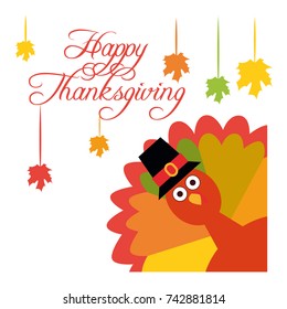 Happy Thanksgiving. Greeting card with funny cartoon turkey Vector illustration