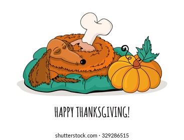 Happy Thanksgiving Greeting Card. Hand Drawn Doodle Sleeping Dachshund Dog With Roasted Turkey Leg And Pumpkin, Isolated On White Background. Vector Illustration. 