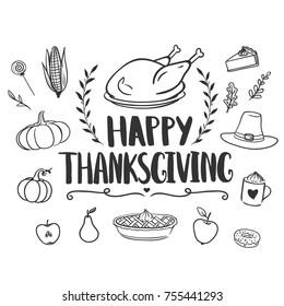 Happy Thanksgiving greeting card with hand drawn lettering, turkey and holiday doodles. 