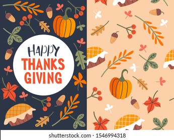 Happy thanksgiving. Greeting card, holiday banner. Vector illustration.