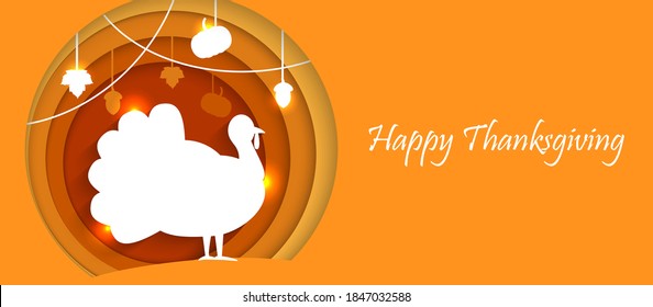 Happy Thanksgiving greeting card illustration. 3D papercut turkey bird symbol with holiday decoration. Cute paper craft design for Give Thanks  event.