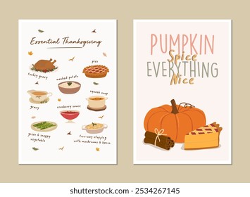 Happy Thanksgiving greeting card, invitation card, posters or flyers set. Thanksgiving meal vector. Thanksgiving set of meal, pumpkin and turkey. Thanksgiving banner social media post.