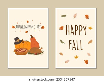 Happy Thanksgiving greeting card, invitation card, posters or flyers set. Thanksgiving meal vector. Thanksgiving set of meal, pumpkin and turkey. Thanksgiving banner social media post.