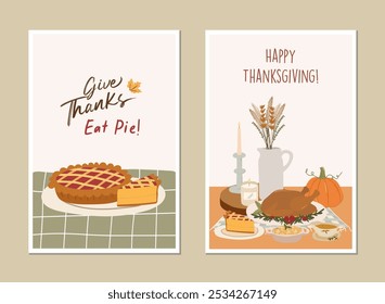 Happy Thanksgiving greeting card, invitation card, posters or flyers set. Thanksgiving meal vector. Thanksgiving set of meal, pumpkin and turkey. Thanksgiving banner social media post.