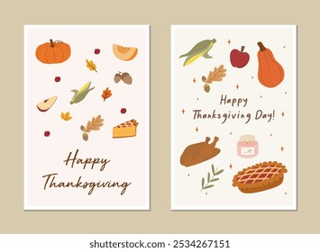 Happy Thanksgiving greeting card, invitation card, posters or flyers set. Thanksgiving meal vector. Thanksgiving set of meal, pumpkin and turkey. Thanksgiving banner social media post.