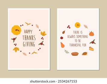 Happy Thanksgiving greeting card, invitation card, posters or flyers set. Thanksgiving meal vector. Thanksgiving set of meal, pumpkin and turkey. Thanksgiving banner social media post.