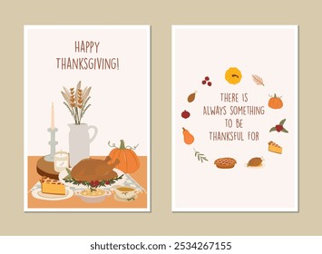 Happy Thanksgiving greeting card, invitation card, posters or flyers set. Thanksgiving meal vector. Thanksgiving set of meal, pumpkin and turkey. Thanksgiving banner social media post.