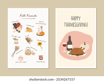 Happy Thanksgiving greeting card, invitation card, posters or flyers set. Thanksgiving meal vector. Thanksgiving set of meal, pumpkin and turkey. Thanksgiving banner social media post.