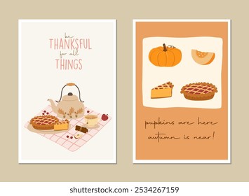 Happy Thanksgiving greeting card, invitation card, posters or flyers set. Thanksgiving meal vector. Thanksgiving set of meal, pumpkin and turkey. Thanksgiving banner social media post.