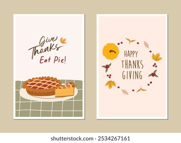 Happy Thanksgiving greeting card, invitation card, posters or flyers set. Thanksgiving meal vector. Thanksgiving set of meal, pumpkin and turkey. Thanksgiving banner social media post.