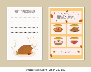 Happy Thanksgiving greeting card, invitation card, posters or flyers set. Thanksgiving meal vector. Thanksgiving set of meal, pumpkin and turkey. Thanksgiving banner social media post.