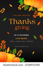 Glückwunsch-Grußkarte, Einladungskarte, Plakate oder Flyer. Thanksgiving Essen Vektor. Thanksgiving-Mahlzeit, Kürbis und Truthahn. Thanksgiving Banner Social Media Post.
