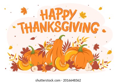 Happy thanksgiving greeting card with leaves, pumpkin and fruit. Colorful seasonal vector illustration for holiday greeting card, banner, poster.