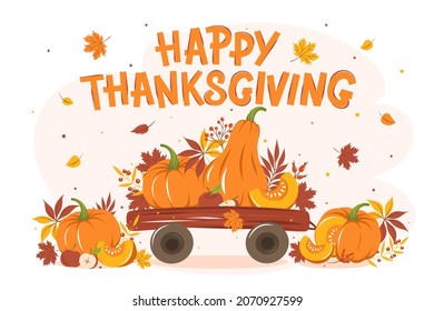 Happy thanksgiving greeting card with leaves, pumpkin and fruit. Colorful seasonal vector illustration for holiday greeting card, banner, poster.