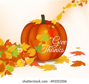 Happy thanksgiving greeting card with leaves, pumpkin