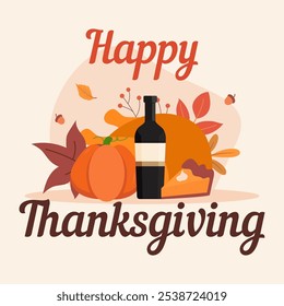 Happy thanksgiving greeting card. Modern vector illustration with leaves, pumpkin, pie, turkey and other autumn symbols.