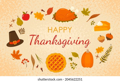 Happy Thanksgiving greeting card. Orange pumpkin, pumpkin pie slice, turkey, fall leaves, fruits and greeting lettering. vector illustration