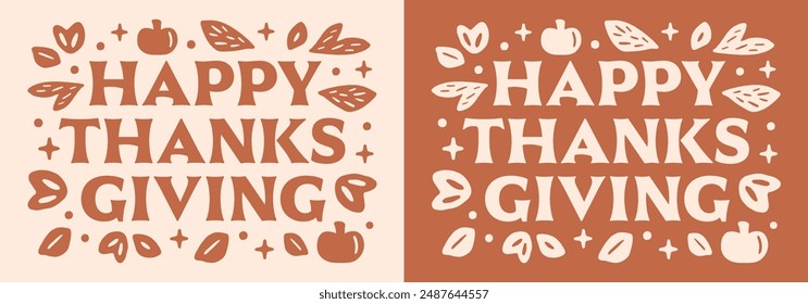 Happy thanksgiving greeting card orange earthy tones natural leaves pumpkins illustration fall season cottagecore farmcore aesthetic banner header shirt design printable sticker print cut file.